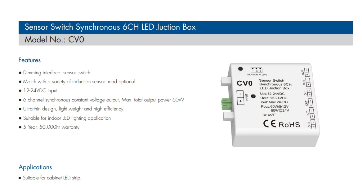 12-24VDC Sensor Switch Synchronous 6CH LED Juction Box CV0 60W 2A/CH For Indoor Single Color Strip Lighting Lights Application