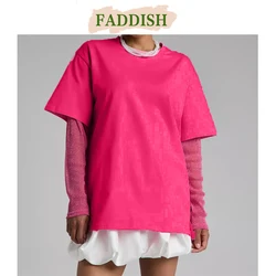 FADDISH 2024 Summer New Women Fashion Loose Bright Silk Mesh Splicing Sunscreen T-Shirt Female Solid Casual Long Seeve Tees Tops