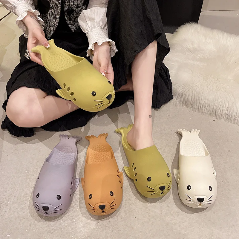 

Women Summer Cartoon Sea Lion Slide Sandals Cute Open Toe Funny Slippers Couple Indoor Outdoor Beach Casual Home cloud Shoes