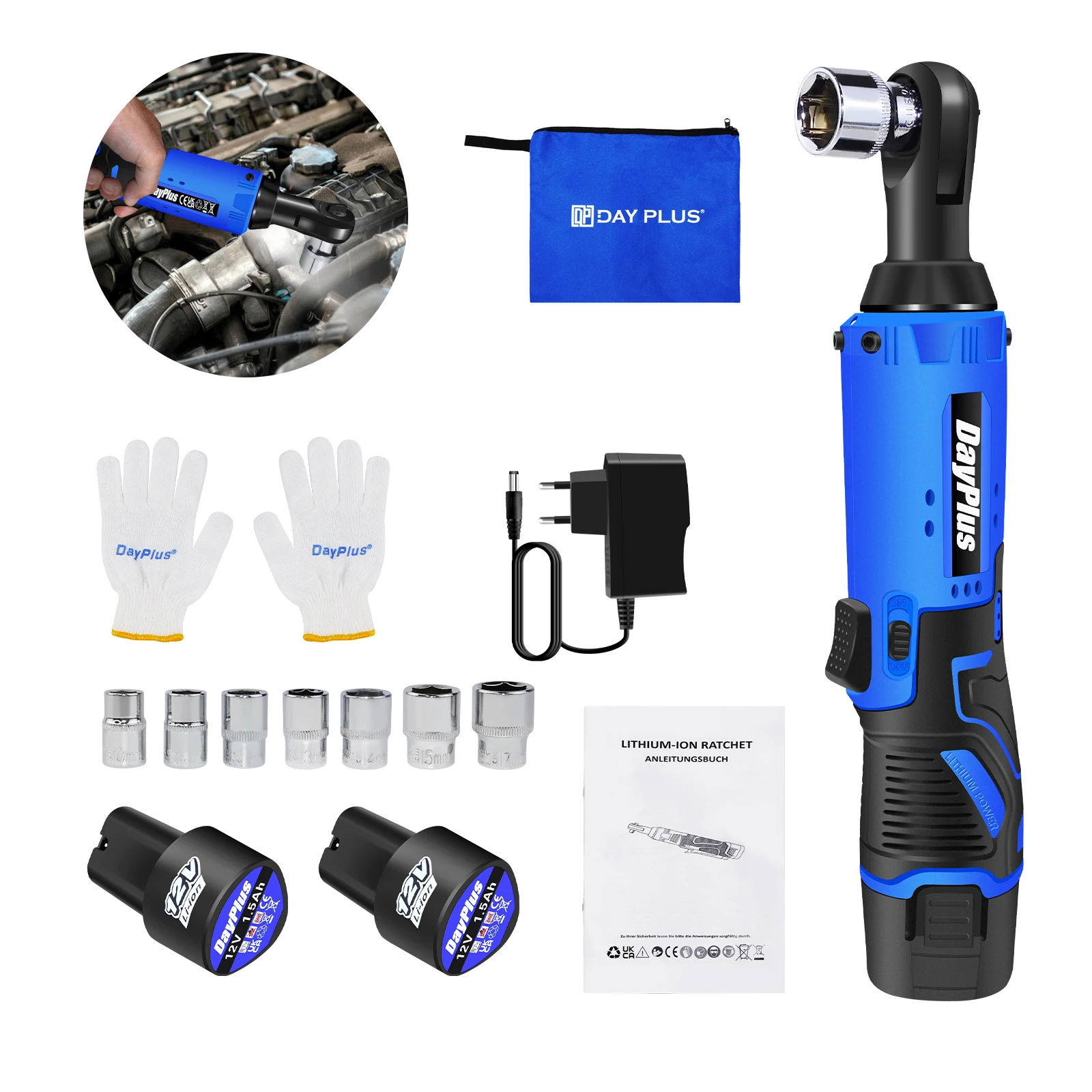 Cliquet droit électrique sans fil 12V, 120Nm 3/8'' 90 °   Kit d'outils électriques à clé angulaire avec 2 batteries de 1,5 Ah et 7 prises