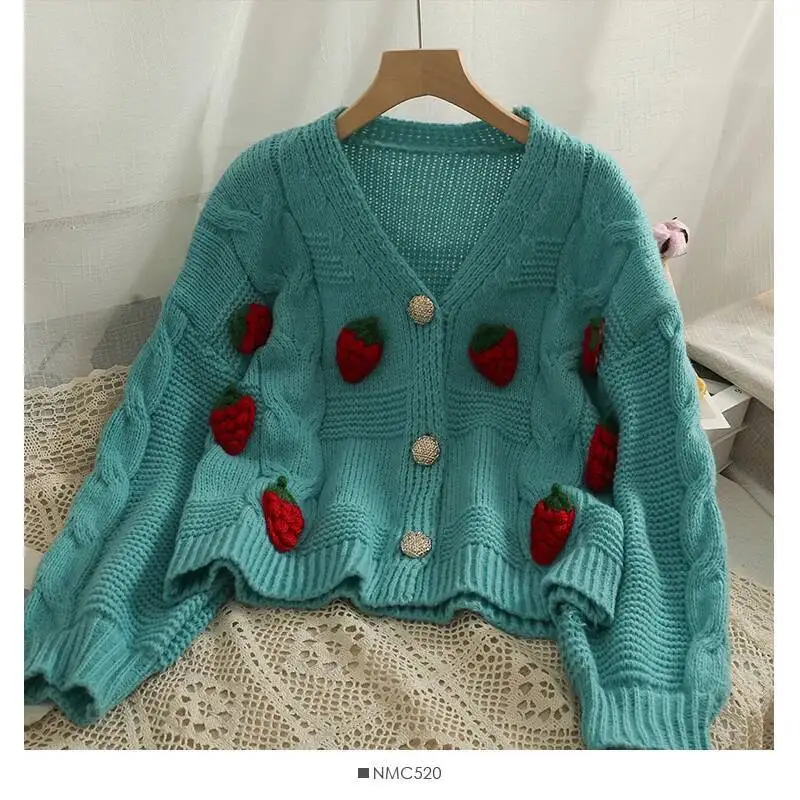 Cardigan Sweater Chunky Knit Button Front Cute Strawberry Soft Sweet Sweaters Jacket Teen-Girl Women Fairycore Outfit