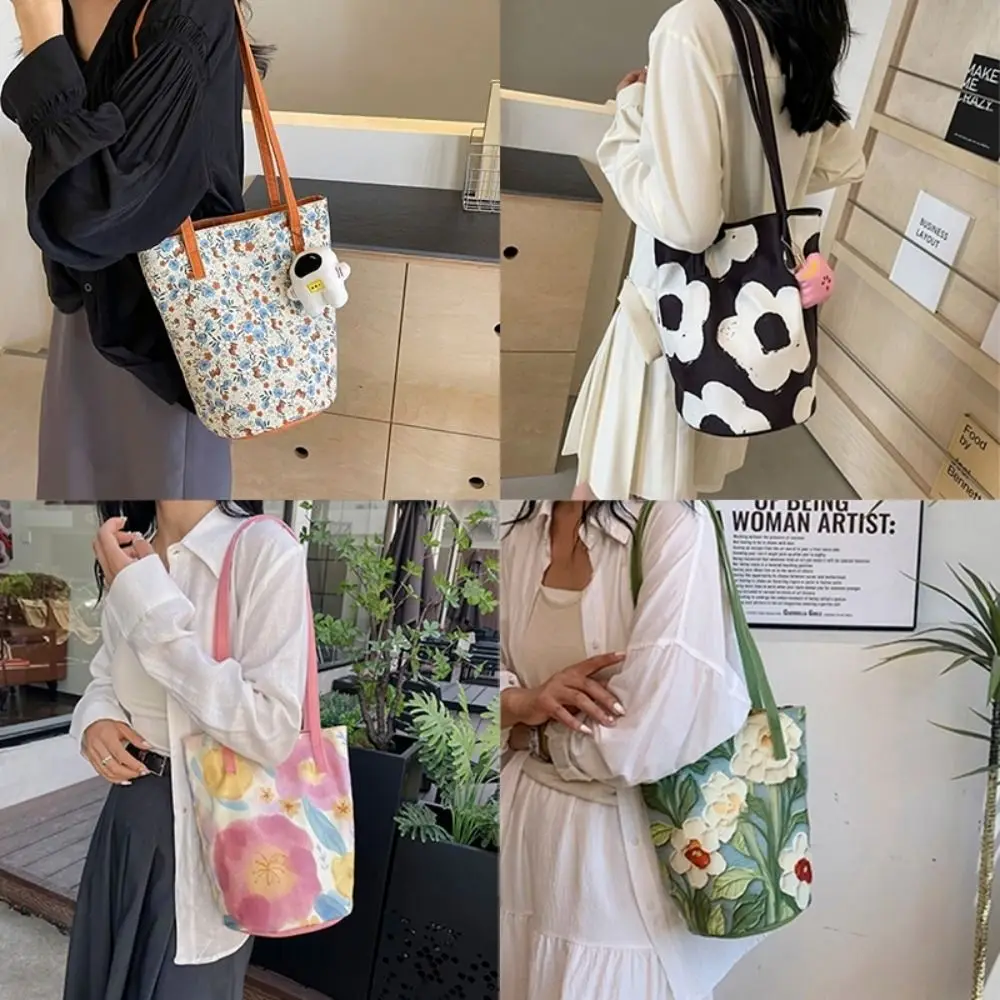 New Floral Pattern Bucket Bag Casual Canvas Shoulder Bag Large Capacity Creative Handbag for Women
