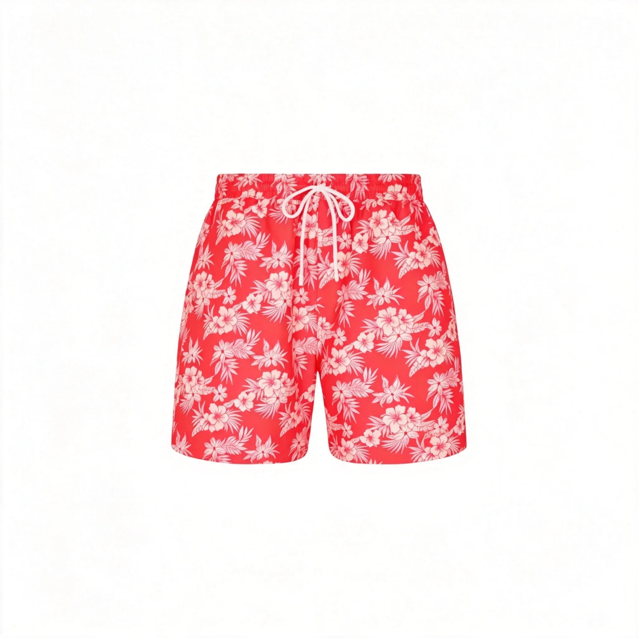 Men's Red White Hibiscus Floral Print Swim Shorts Elastic Drawstring Pocket Quick Dry Summer Beach Surf Shorts