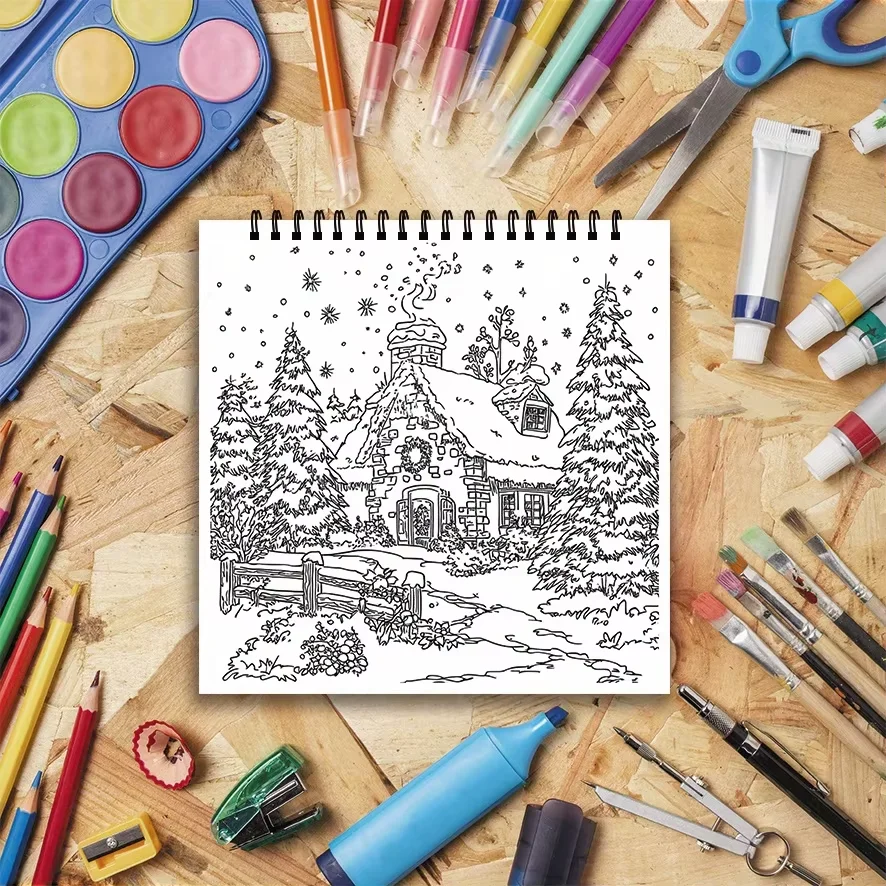 Buku Mewarnai Cozy Cottage - 8,27 x 8,27 inci 22 halaman - Hadiah ideal untuk keluarga atau teman di Natal