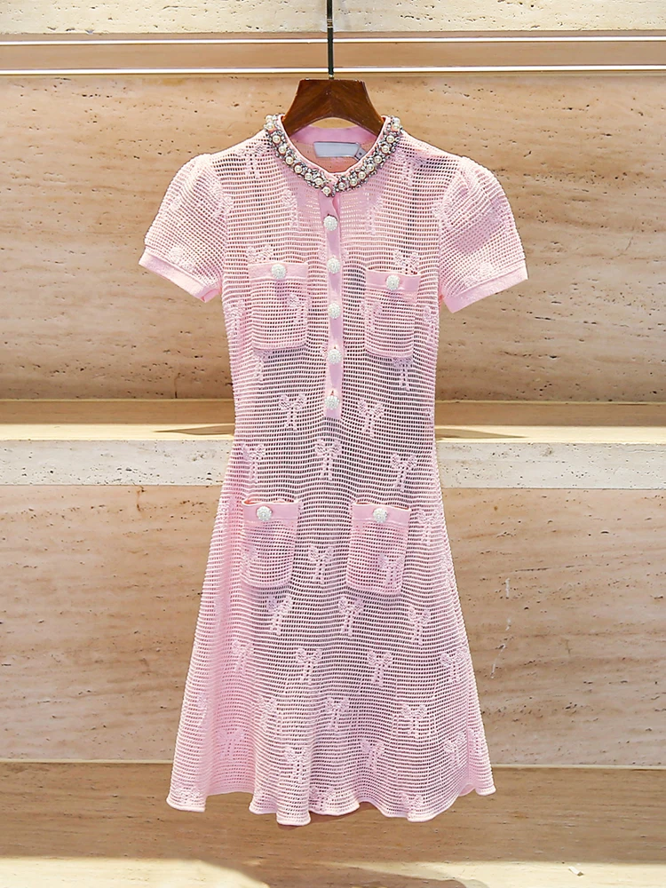 

Sweet Soft Sle Knitted Dr High Waist A-Line Skirt ort Sve round Ne Single Button Closure Commute Simple Design