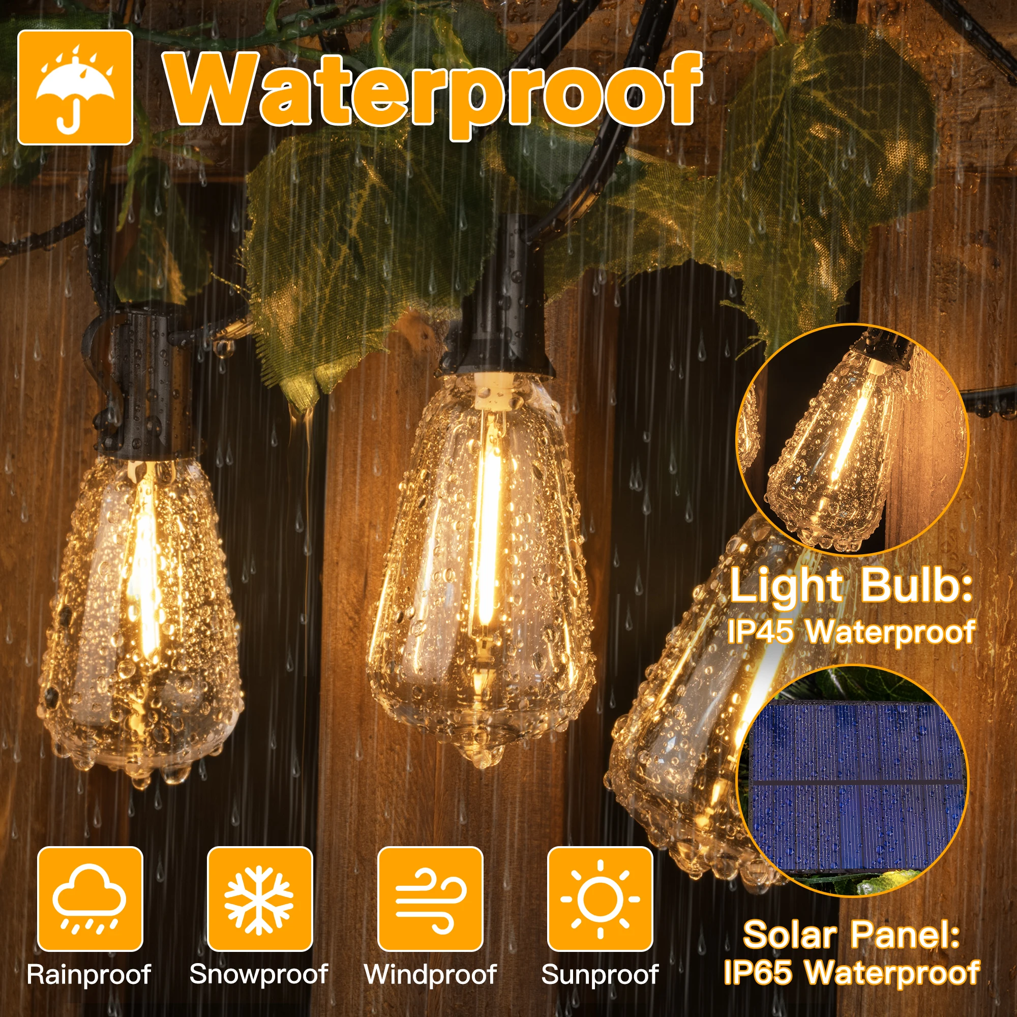 Ollny ST38 Solar String Lights, USB&Solar Dual Charging Waterproof Outdoor Lights, 3Modes 5Timers 2200K Patio Light for Camping
