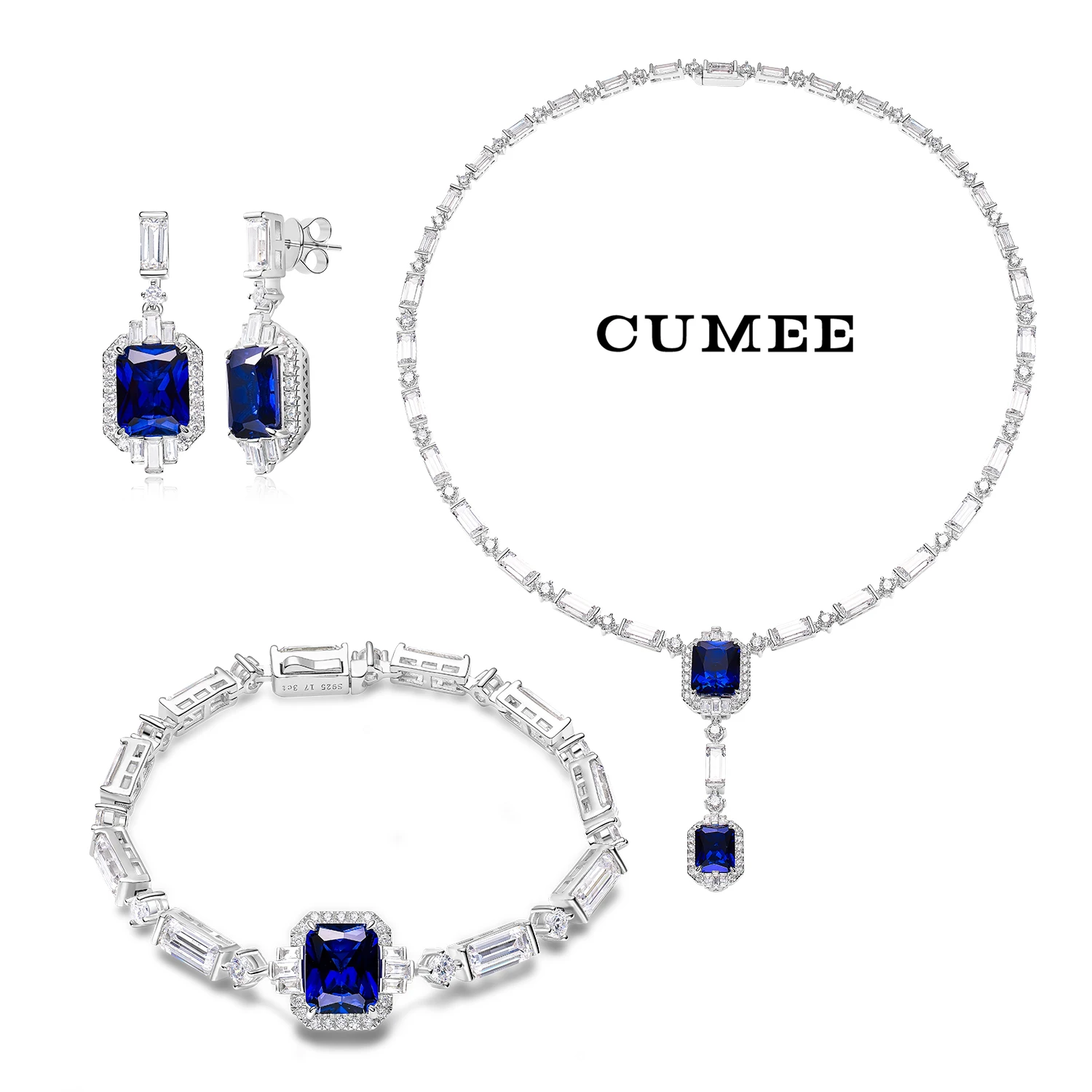 

CUMEE European and American exquisite T-shaped design set personalized style simple cultivation synthetic sapphire set 925silver
