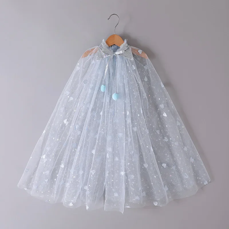 Lace Up Heart Sequin Gauze Children's Cloak Cute Tulle Princess Cloak Christmas Party Girls Stage Show Role Play Capes