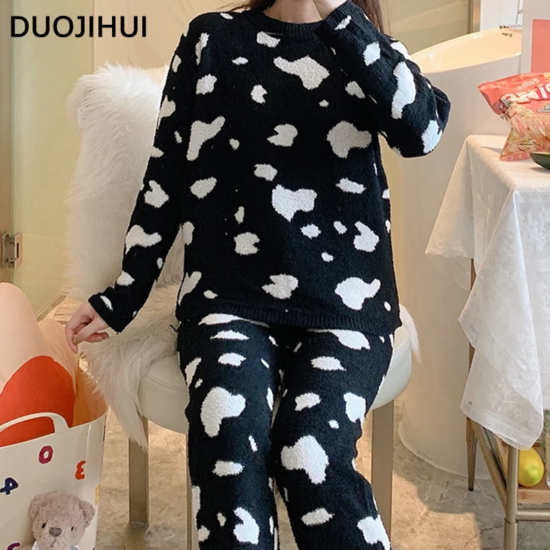 DUOJIHUI-Pyjama chaud à col rond pour femme, pull basique, pantalon simple, ensemble de pyjama femme décontracté, document de sort, mode hiver, nouveau