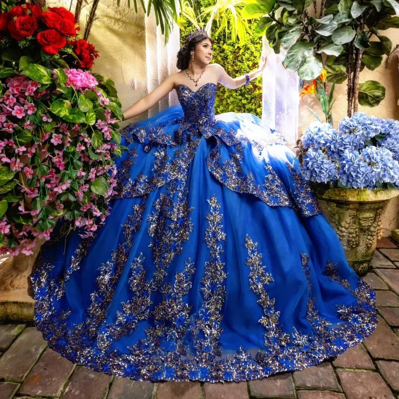 Vestidos De 15 dulces De princesa con forma De corazón azul real, apliques populares, vestido para quinceañeras De cumpleaños, Vestidos De 16 personalizados