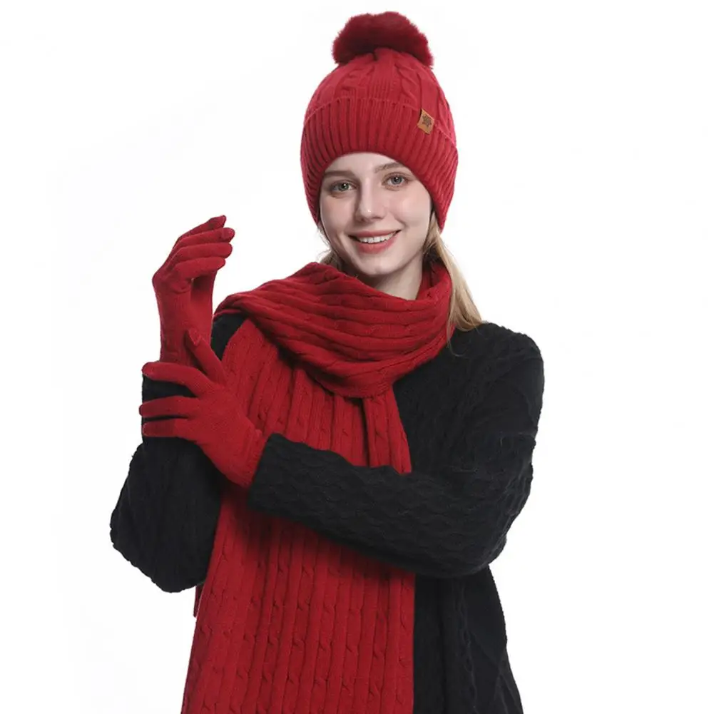 Plush Lined Thermal Beanie Women's Winter Plush Ball Decor Hat Scarf Gloves Set with Touchscreen Gloves Knitted Long Scarf Twist