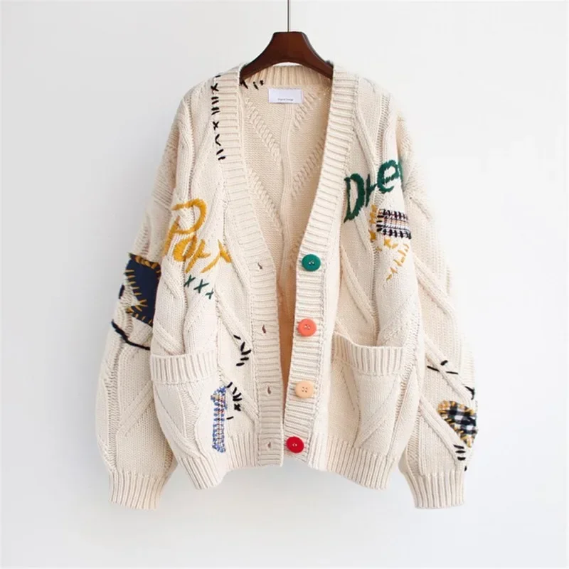 Embroidery Knitted Cardigan Women\'s Sweater Warm Long Sleeve Letter Print Coat Korean Style Autumn Winter Loose Sweaters Y2k