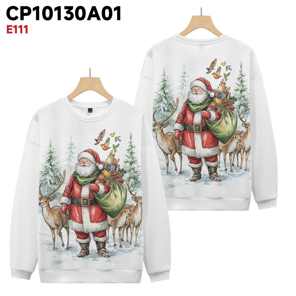 White winter men's and women's hoodies, cute Santa Claus print, autumn and winter warm pullover