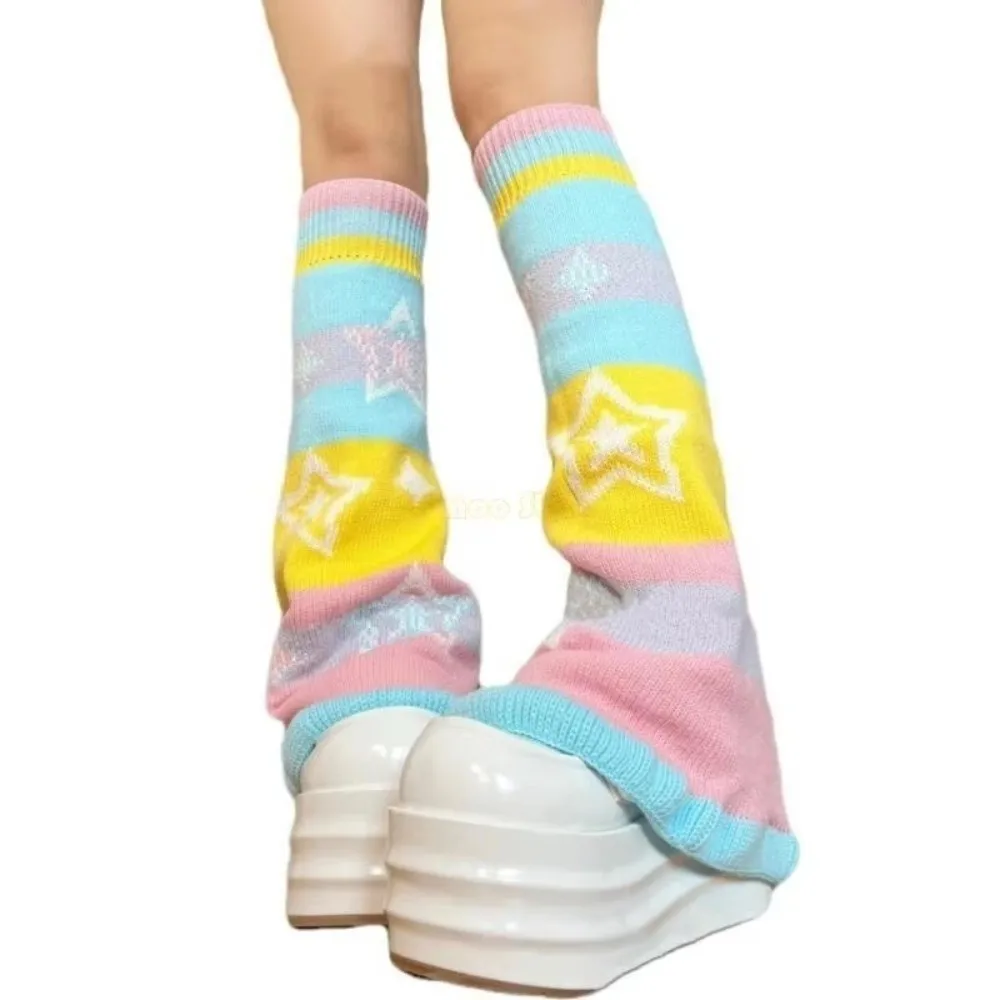 1 pair Jacquard Star Pattern Leg Warmers Rainbow Color Flared Design Knitted Socks Candy Color Footless Covers Women Girls