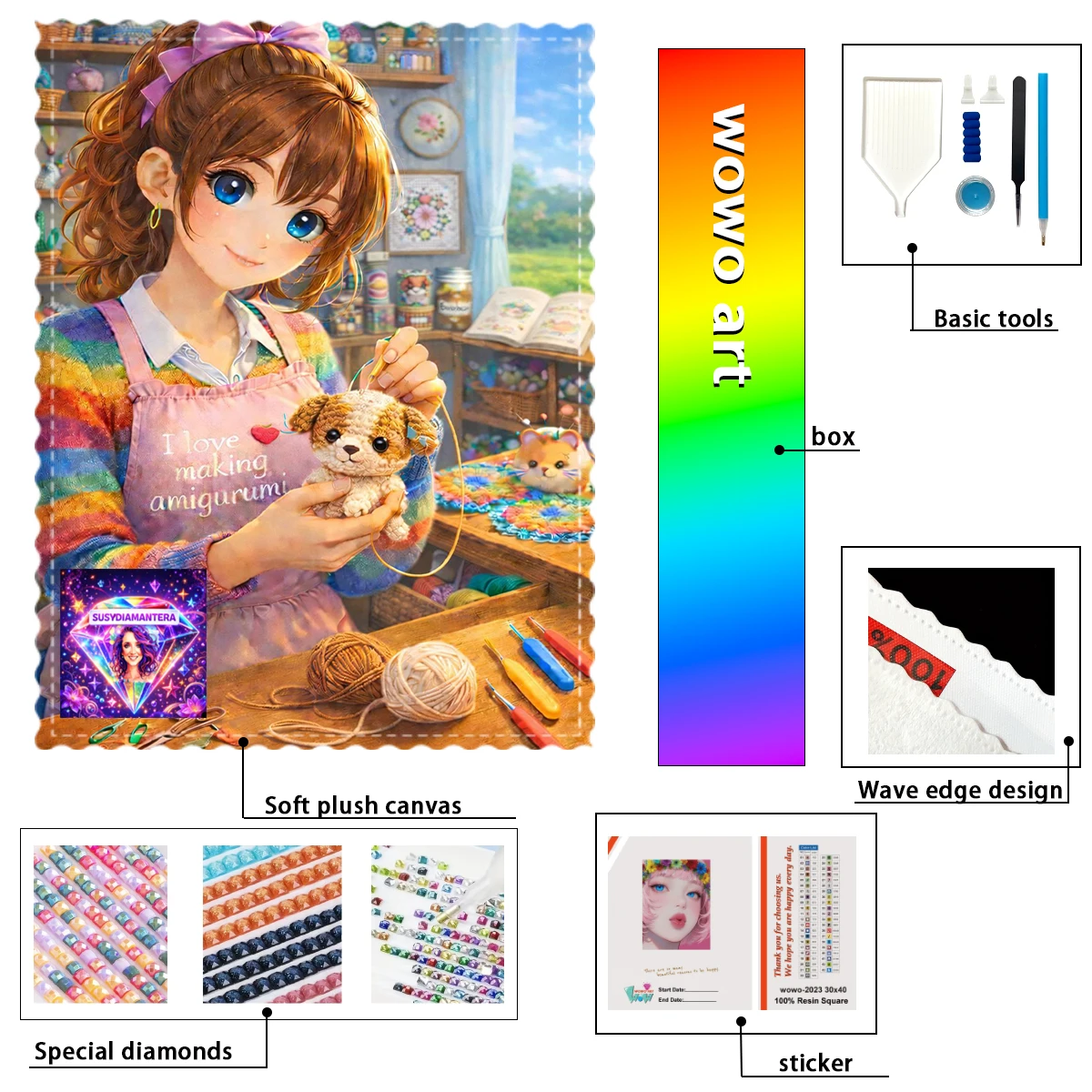 

【Susy Diamond Art】The girl who makes puppets High quality canvas with resin-AB-fairy dust and metal studs diamond