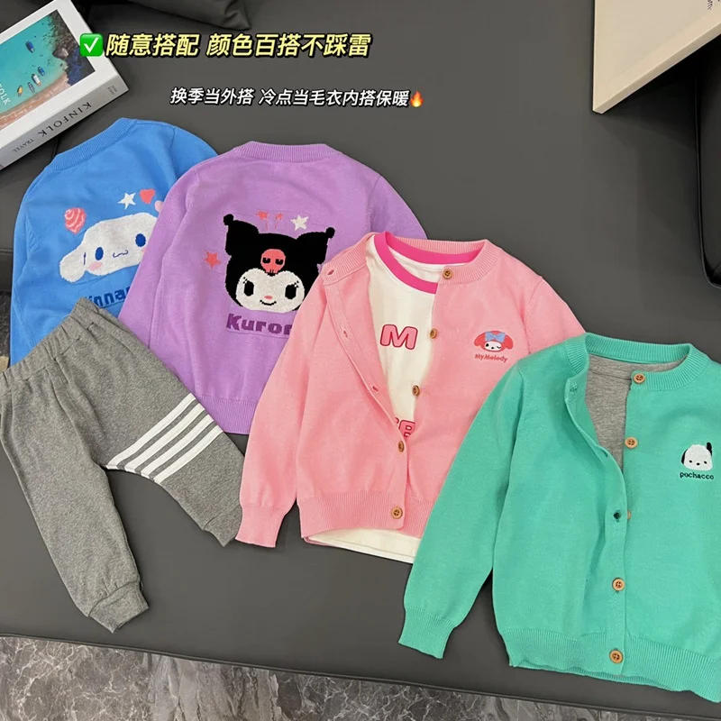 Anime Sanrio Hello Kitty Autumn Children's Sweater Cartoon My Melody Cinnamoroll Girl Long Sleeve Cardigan Knit Jacket Kids Gift