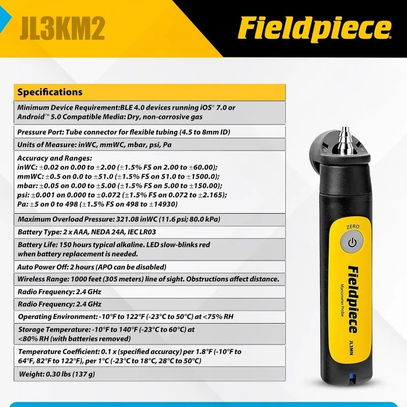 System Dual Port Manometer Probe Kit - JL3KM2 - Long Range Wireless All-in-One Static, Gas and Draft Press image 3