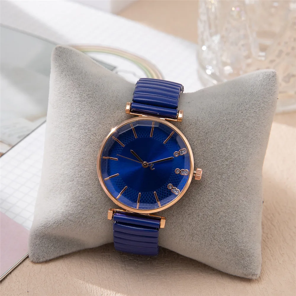 Luxe Schat Blauw Eenvoudige Crystal Dames Quartz Horloge Casual Rvs Stretch Band Fashion Vrouwen Jurk Klok Horloges