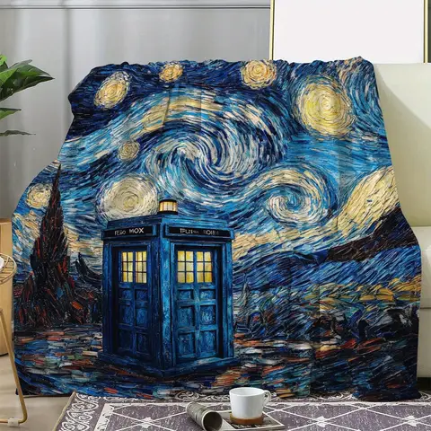 Coperta in pile TARDIS Notte stellata: accogliente e morbida coperta in poliestere con design ispirato al dottore che, ideale per divano, letto, auto, ufficio
