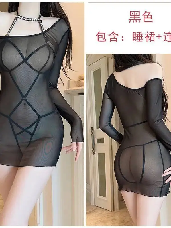 Sexy Lingerie Open Crotch Tops Hot Luxury Sheer Mesh Nightdress Set Dress Elegant Mesh Lace Sheer Sexy Women Dress 5L63