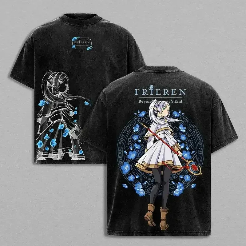 

Тематическая футболка Washed Frieren: Beyond the Journey's End (двусторонний персонаж Elf Mage Art + Magic Circle и Blue Flower Elements