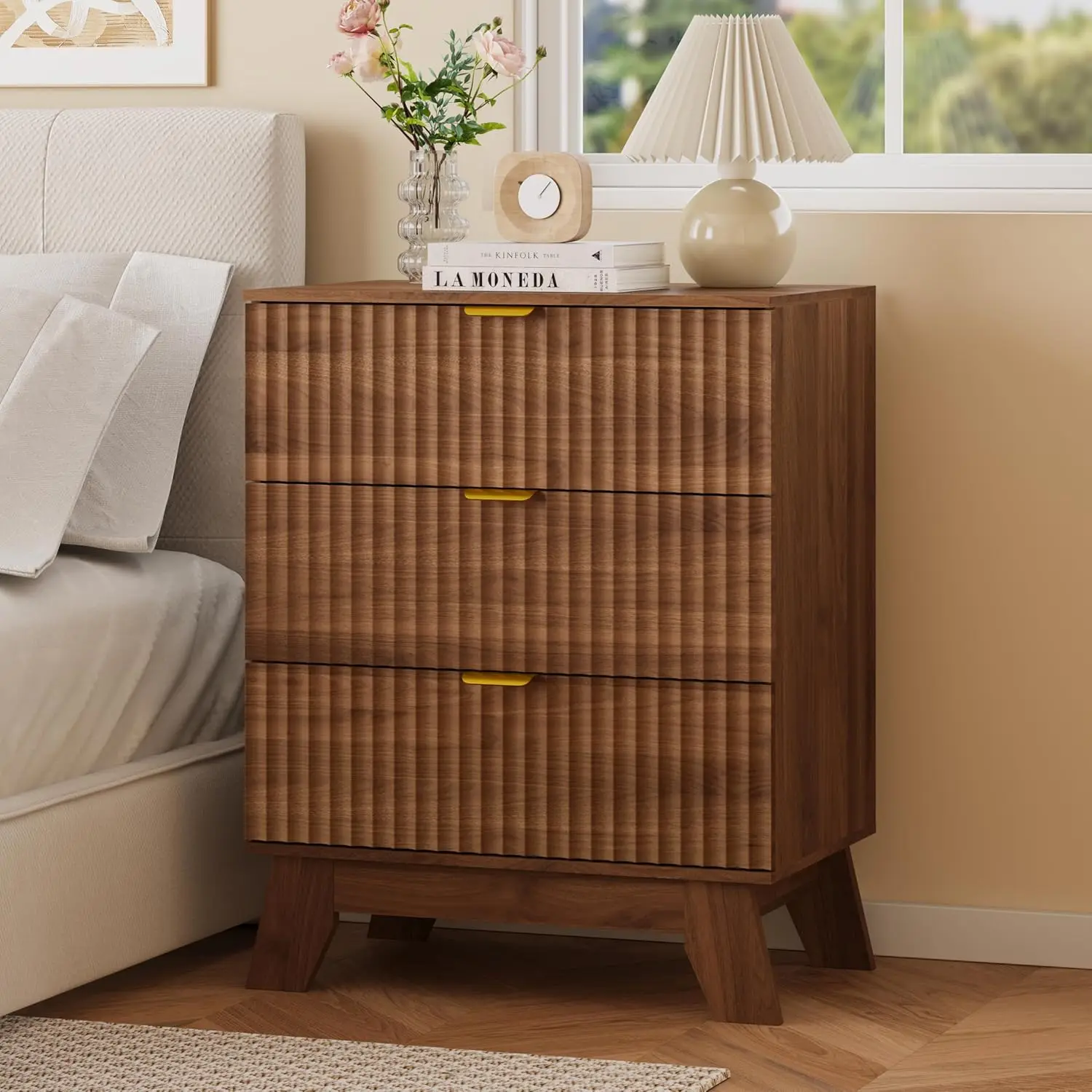 Fluted Nightstand with 3 Large Drawers, Wooden Side End Table with Elevated Legs for Easy Cleaning, Sturdy Modern, Custom