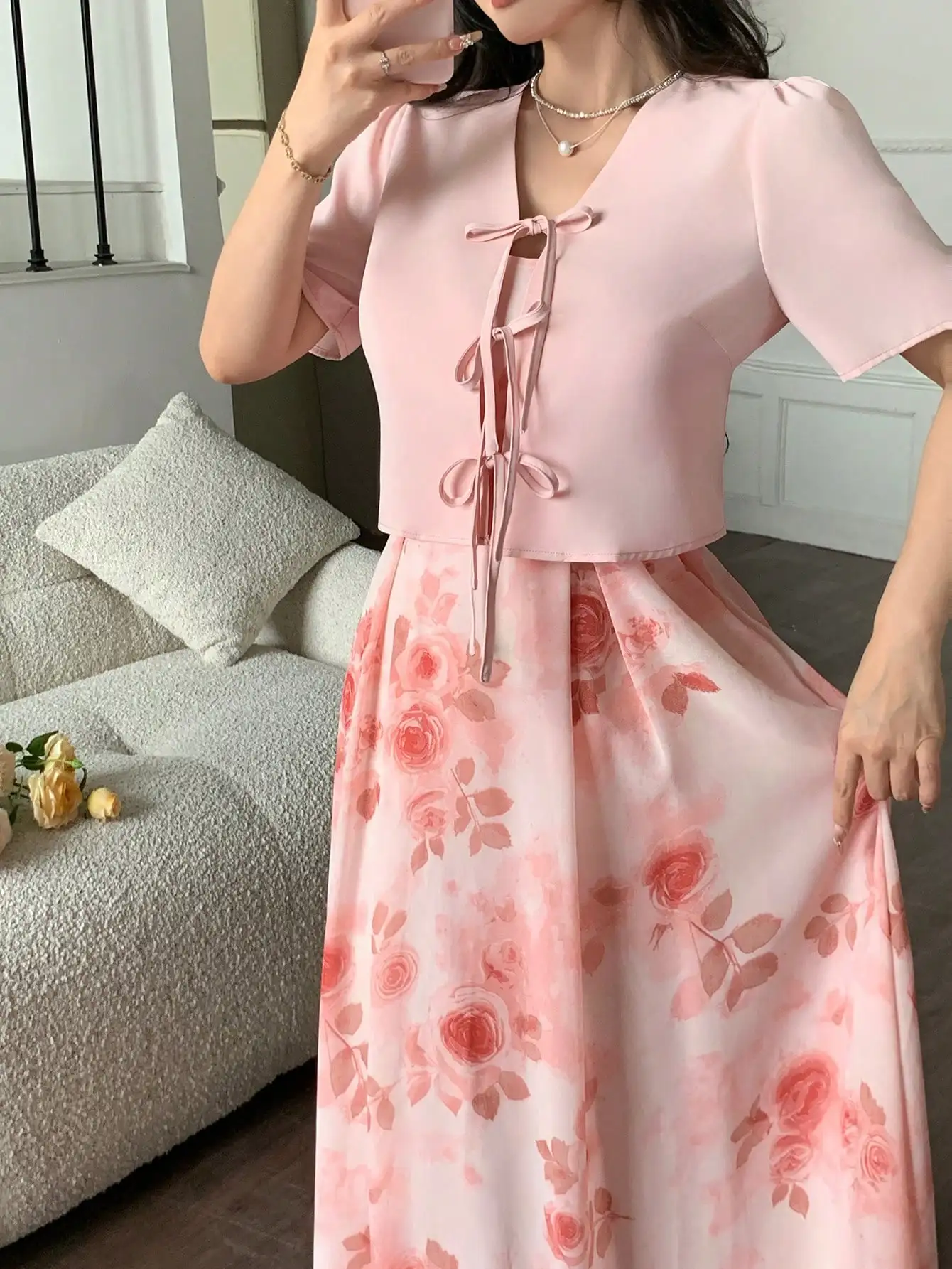 

Women Two Piece Outfit Pink Floral Skirt Set For Daily Wear