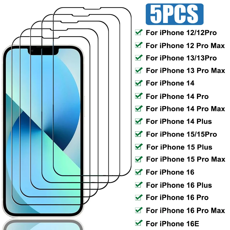 

5Pcs Tempered Glass for iPhone 13 Pro Max 12Mini 13Mini Screen Protector for iPhone 15 16 14 12 Pro Max 16 Plus 16E Glass