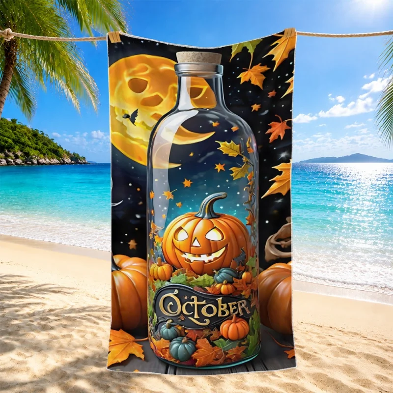 Newest Beach Towel October Pumpkin Bottle Moon Maple Leaf Print Microfiber Beach Towel Lightweight Absorbent Swimming Bath Towel