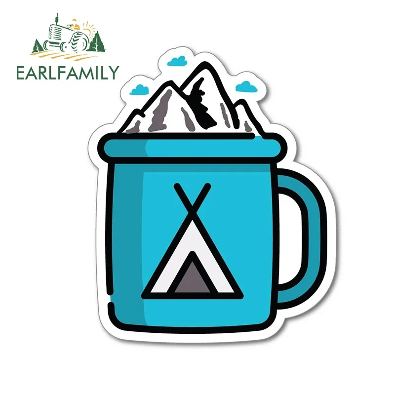 EARLFAMILY 13cm x 10.9cm Coffee and The Mountains Car Stickers Graffiti Blue Tea Cup Scenery Decals DIY Occlusion Scratch Decor