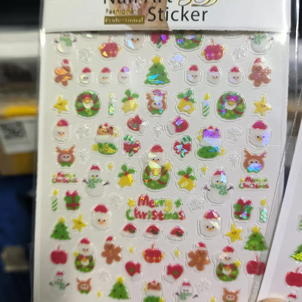 1/2Pcs 5D Shell Aurora Christmas Nail Stickers Santa Claus,Snowman ,Elk,Gingerbread Man,Snowflakes Decals Adhesive Xmas Sliders