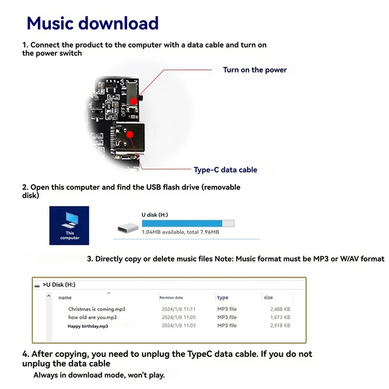 GC06 Recordable Sound Module Recording Greeting Card Christmas Birthday Card Music Cover Wall MP3 Download Voice Module