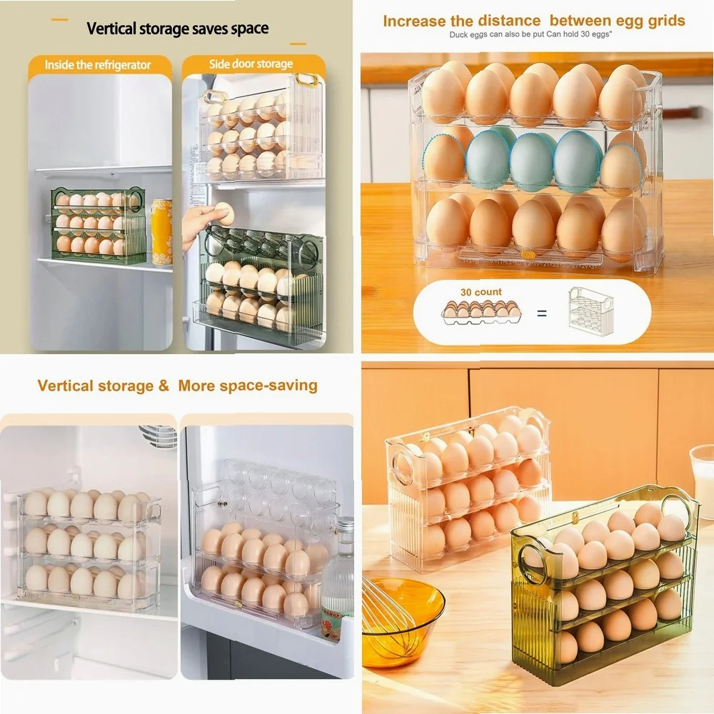 

Large Capacity Egg Storage Container for Refrigerator - Auto Open/Close Portable Egg Tray Organizer