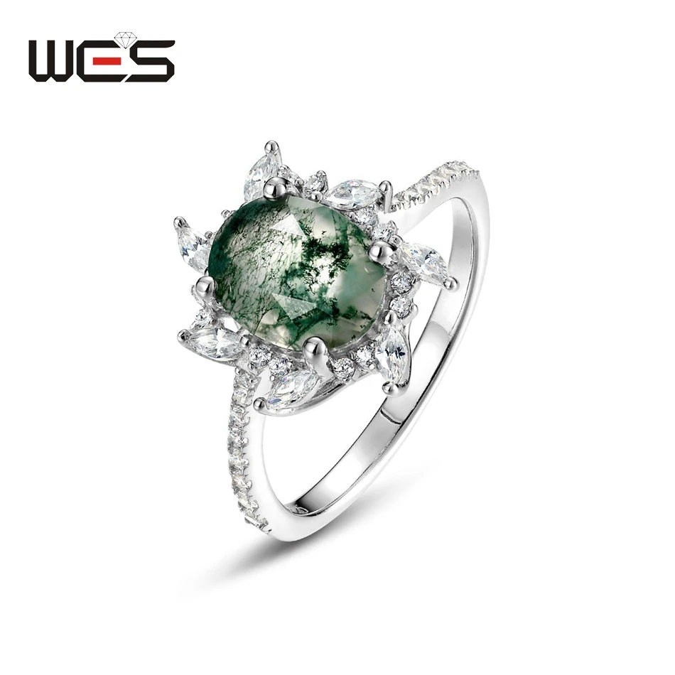 

WES 925 Sterling Silver Unique Natural 7*9mm Moss Agate Gemstone Rings For Woman Certified Jewelry Wedding Engagement Gifts