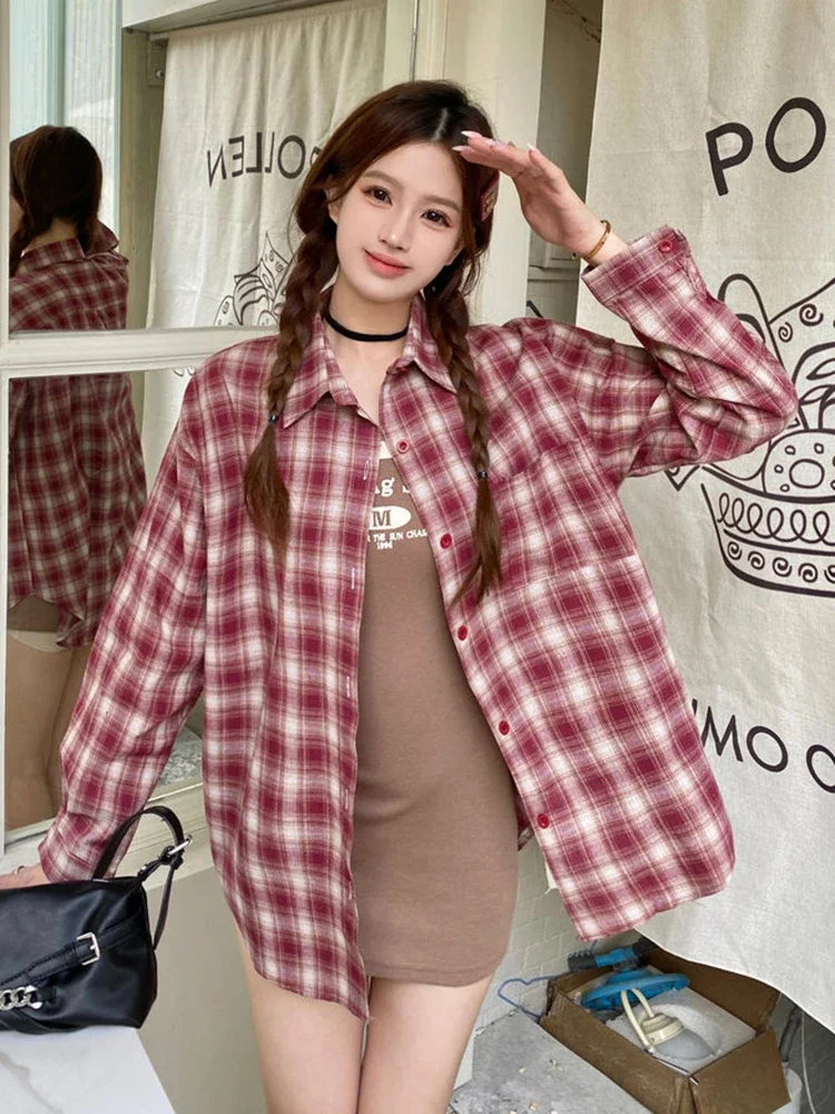 

Korean Red Plaid Shirts Women Loose Vintage Preppy Style Blouse Casual Long Sleeve Female All Match Y2k Spring Retro Tops