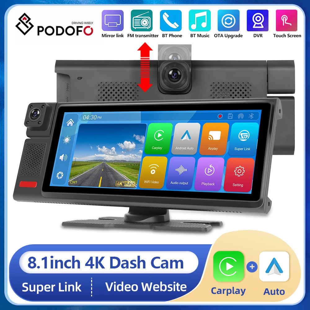 

Podofo 8.1inch Car Video Recorder Carplay Monitor Android auto Front Camera DVR 4K Bluetooth FM Online Video Smart Screen Player
