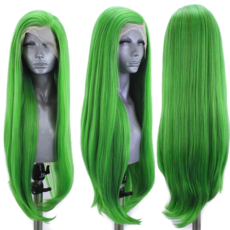 Peluca de cabello sintético liso sin pegamento para mujeres negras, Color verde, fibra de alta temperatura, rayita Natural, Cosplay