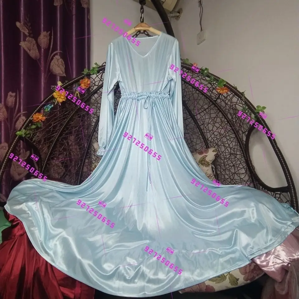 Vestido feminino de manga comprida de cetim, vestido maxi solto babados, robe de dormir brilhante, plus size