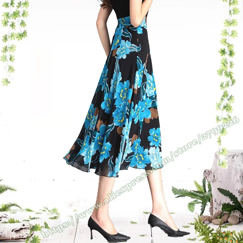 2025 Summer Floral chiffon midi skirt for Womens Korean Fashion print high waist slim A-line knee-length skirt mid-length skirts