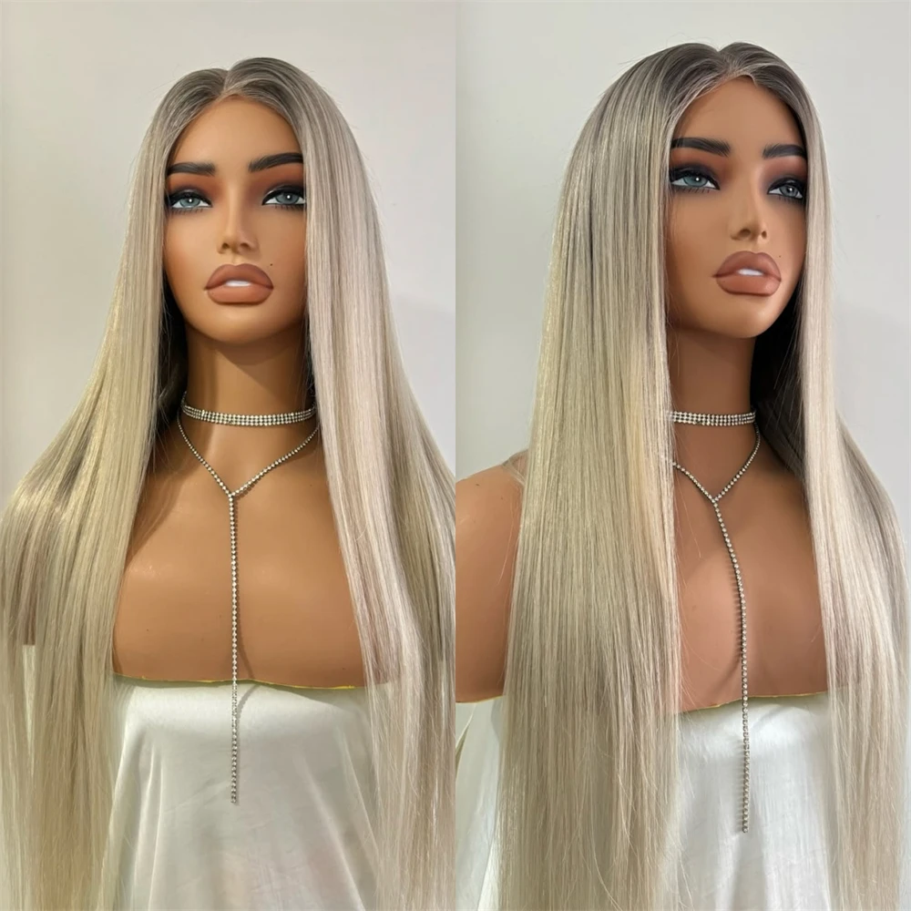 13x4 Middle Part Wig Women's Wig Ombre Ash Platinum Blonde Synthetic HD Lace Front Wig Heat Resistant Fiber Blended Human Hair