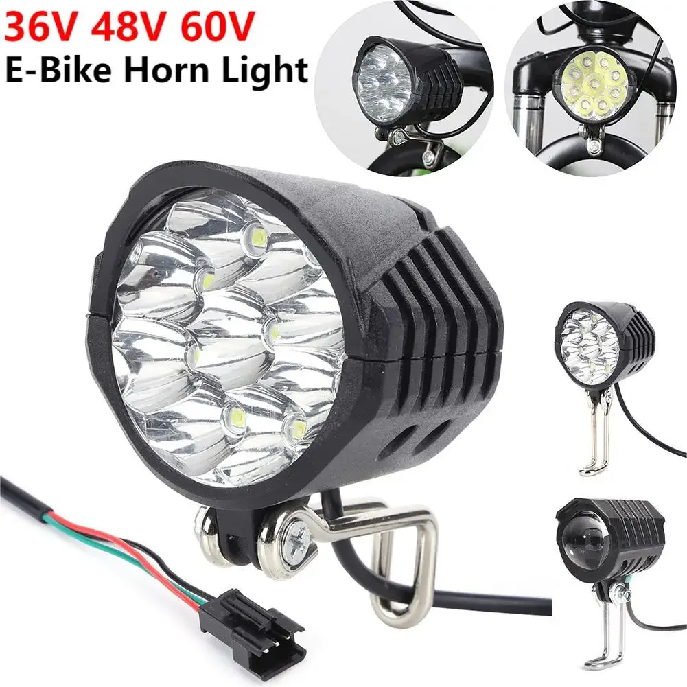 

36/48/60V Electric Bicycle Light with Horn 18W 9 LED Electric Scooter LED Front Light Waterproof High Power Headlight for E-Bike