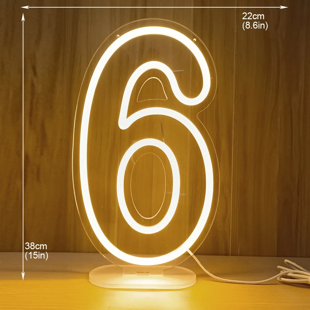 LED Number Neon 0-9 Number Party Sign 38cm Birthday Number Lights USB Powered Dimmable With Base For Background Decoration