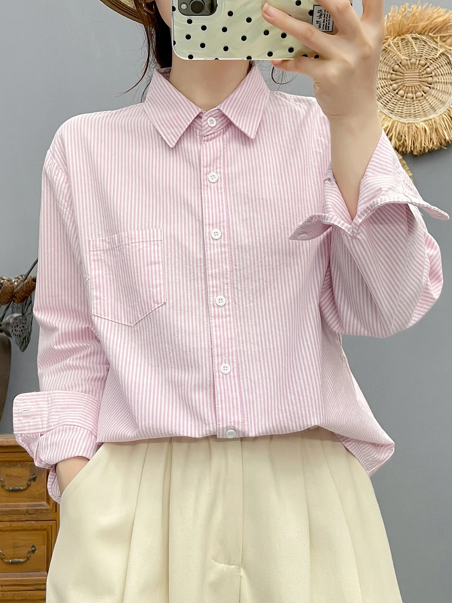 Blusa 100% de algodón de alta calidad para mujer, camisa de algodón Oxford con rayas giratorias, camisa de manga larga para mujer, blusas con solapa de tiras OL, Top