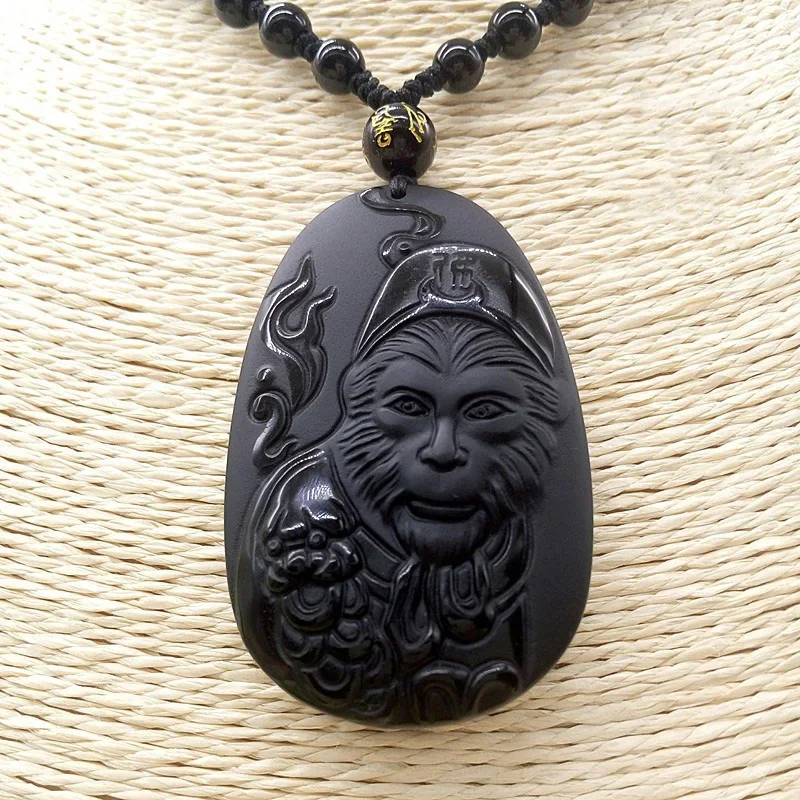 Natural Obsidian Sun WuKong  Jade Pendant Jewelry Lucky God of War Auspicious Amulet Pendant Necklace Fine Jewelry