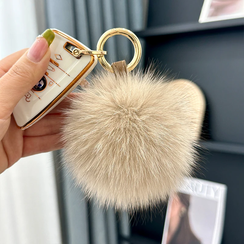 MPPM 11cm Fluffy Real Fox Fur Pompoms Keychain for Women Luxury Pompom Keyring Accessories Fur Bag Charm Jewelry Gifts