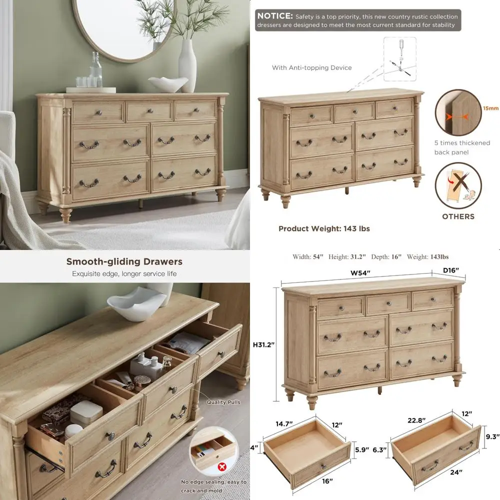 خزانة ذات 7 أدراج على الطراز الريفي الريفي مع أرجل خشبية صلبة لتخزين غرفة النوم #1