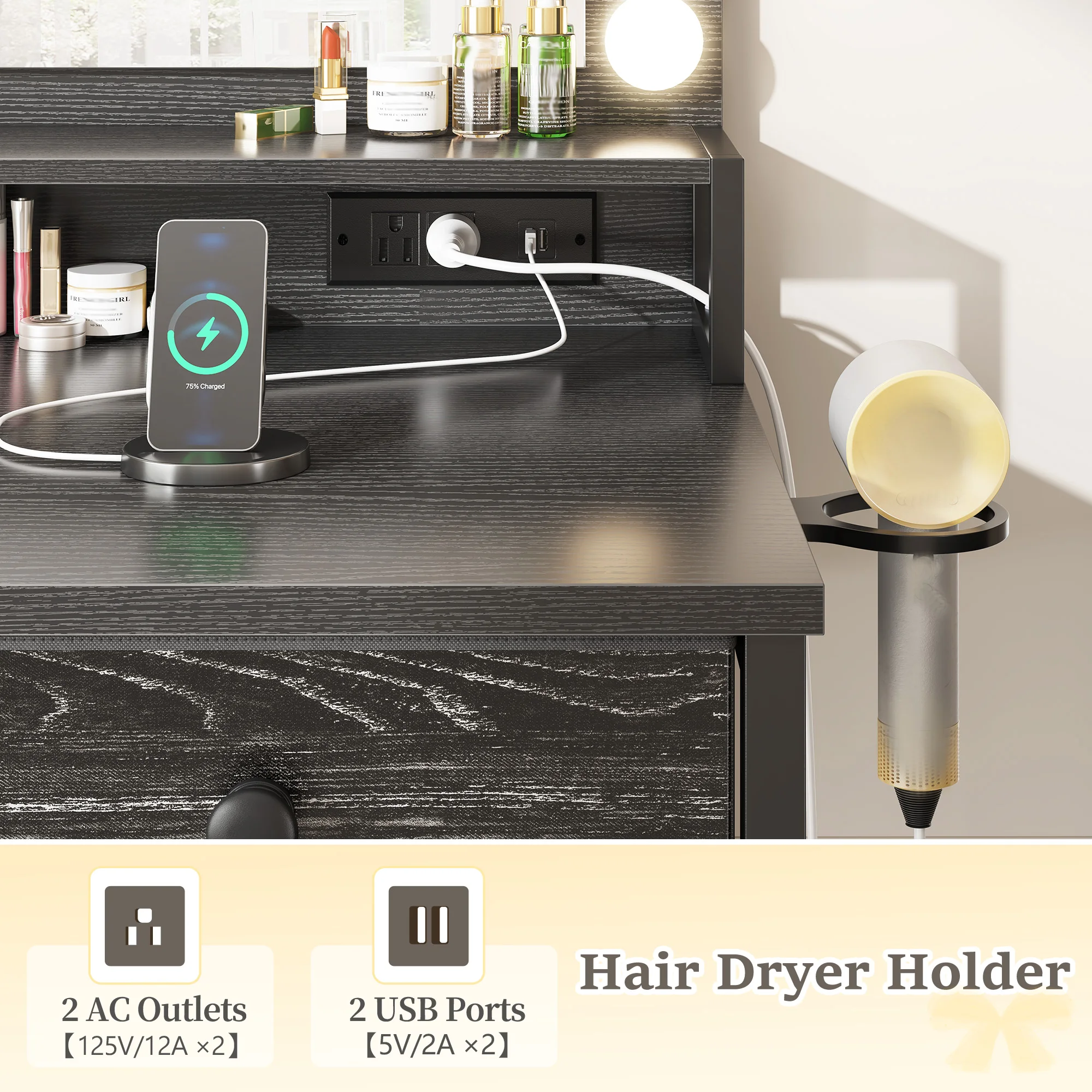 EnHomee Vanity Desk with LED Lighted Mirror & Charging Staion 5 Fabric Drawers Makeup Vanity Table for Bedroom Dorm image 5