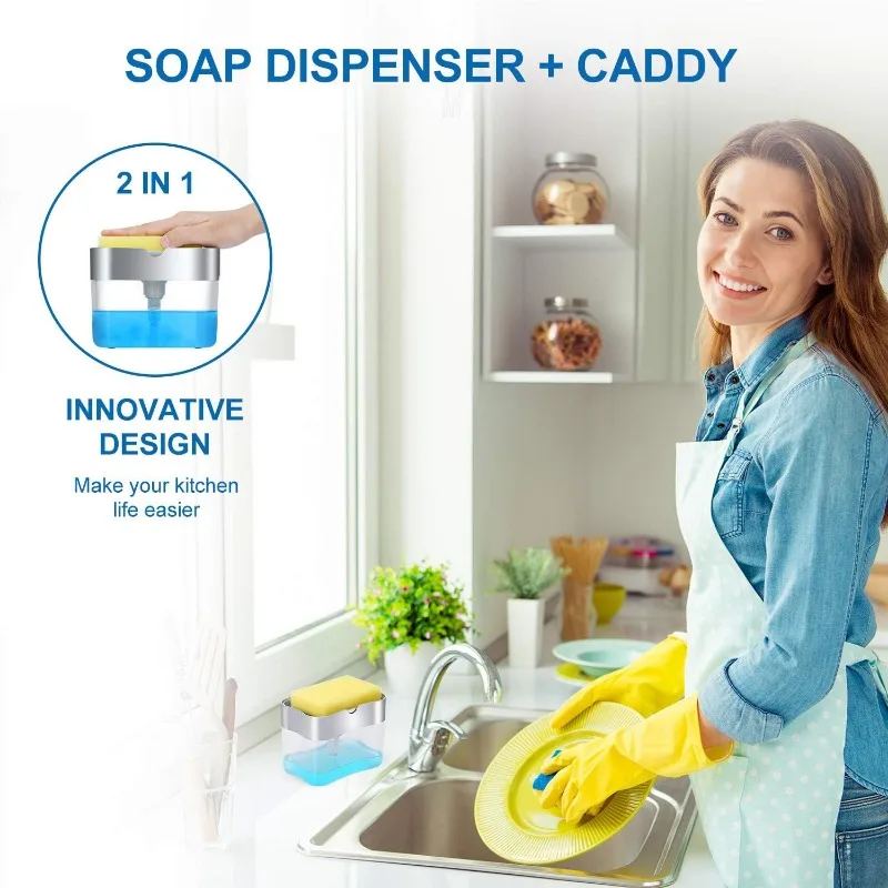 Dish Soap Dispenser - Countertop Kitchen Soap Dispenser, Sink Dish Washing Soap Dispenser 13 Ounces (Sponge Included)