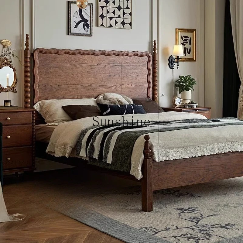 

French retro style full solid wood master bedroom double 1.8 meters wave bed