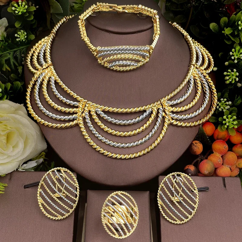 

Design Two Tone Jewelry Set Dubai Nigeria Wedding Gifts Hight Quality Gold Color Big Necklace Bracelet For Bridal Wedding Gifts